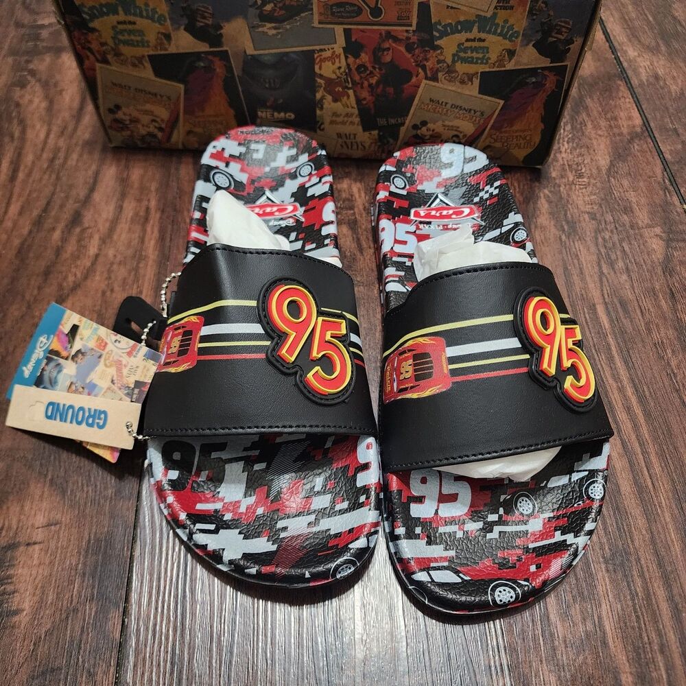Disney Pixar Ground Up Slides Boys 6 Black Cars Lightning McQueen Flip Flop